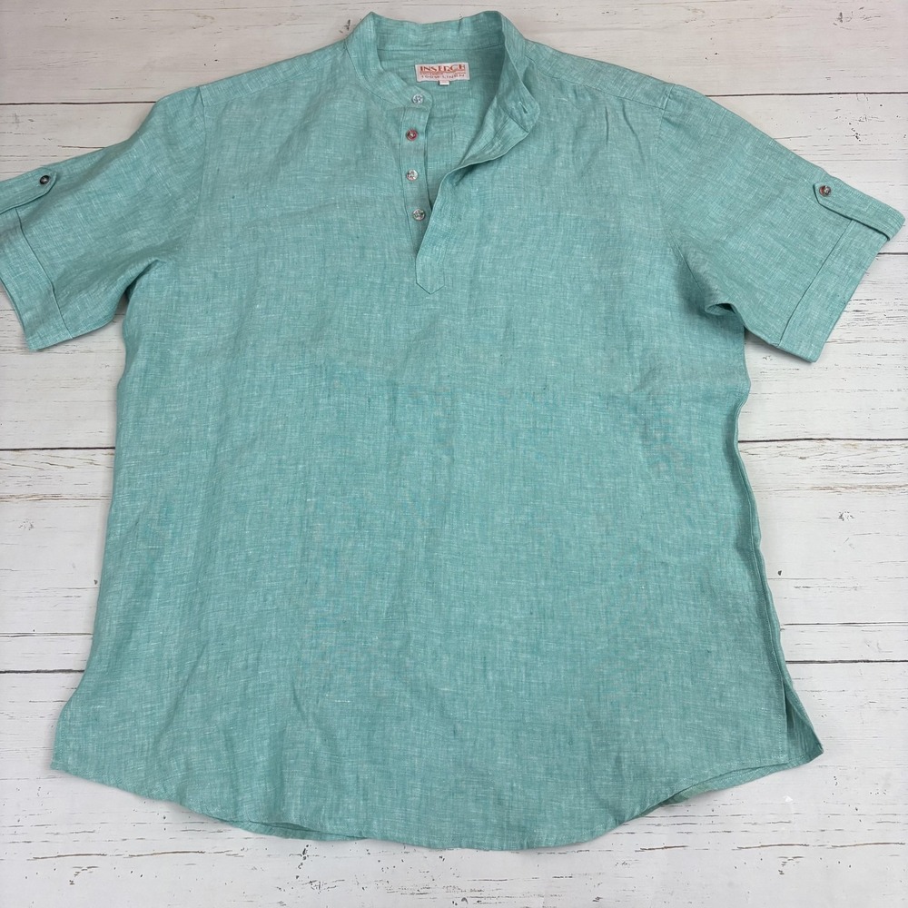Inserch Mens Linen Popover Shirt XL Green Short Sleeve 100% Linen Band Collar